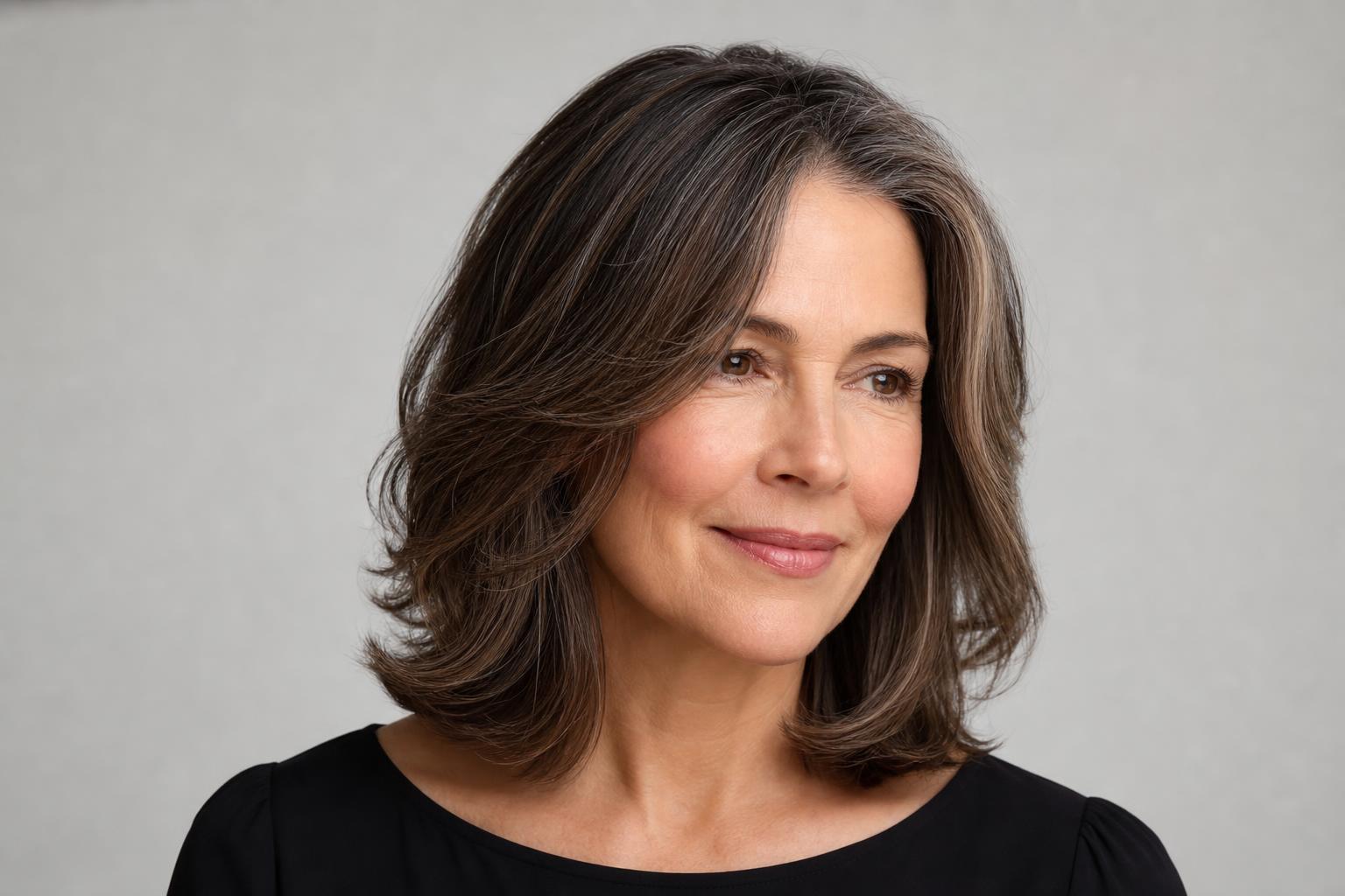 Softly Blended Grays Through Dark Brown Hair
