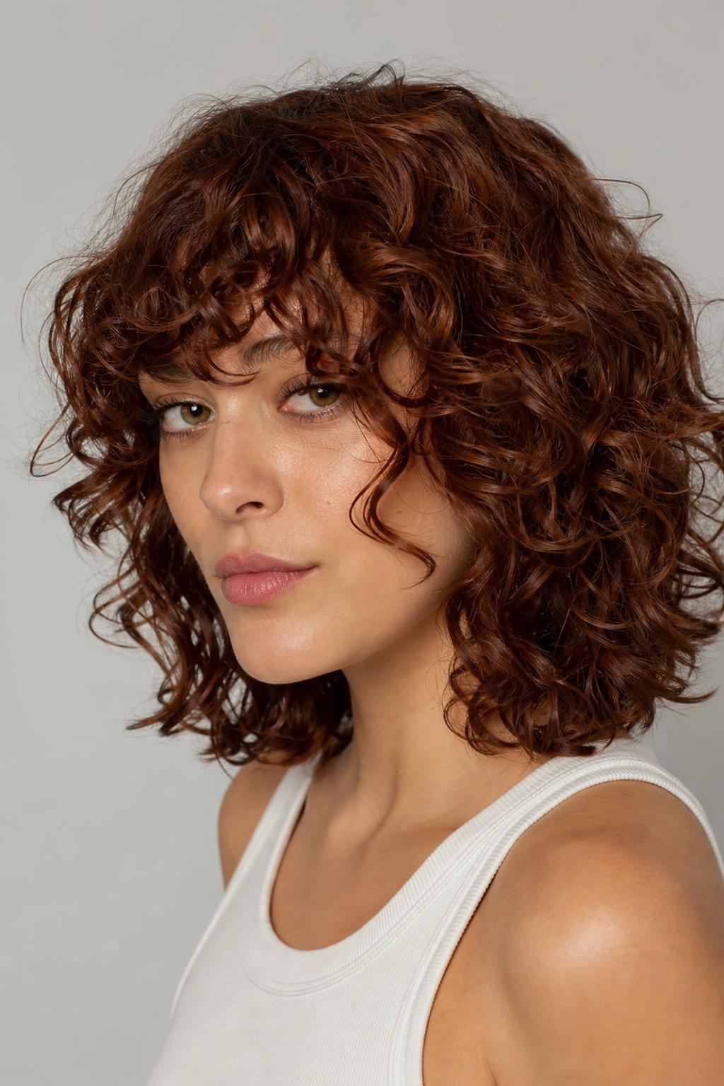 Curly Shag with Long Face-Framing Curls on Collarbone-Length Auburn Hair
