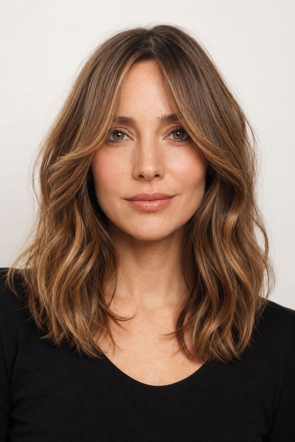 Cheekbone-Length Curtain Bangs Parted Down the Center on Wavy Brown Hair
