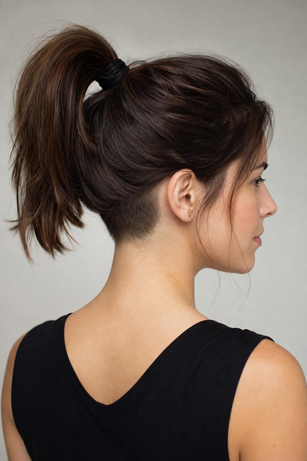 Long Hair with a Concealed Nape Undercut Worn in a High Ponytail