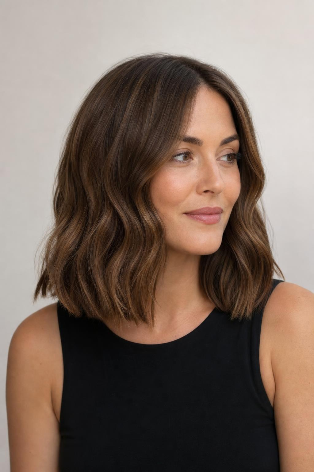 Shoulder-Grazing Lob with Hidden Internal Layers on Medium Wavy Hair