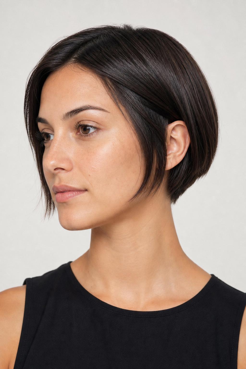 Ear-Length Micro Bob with a Cropped Nape on Fine Dark Hair