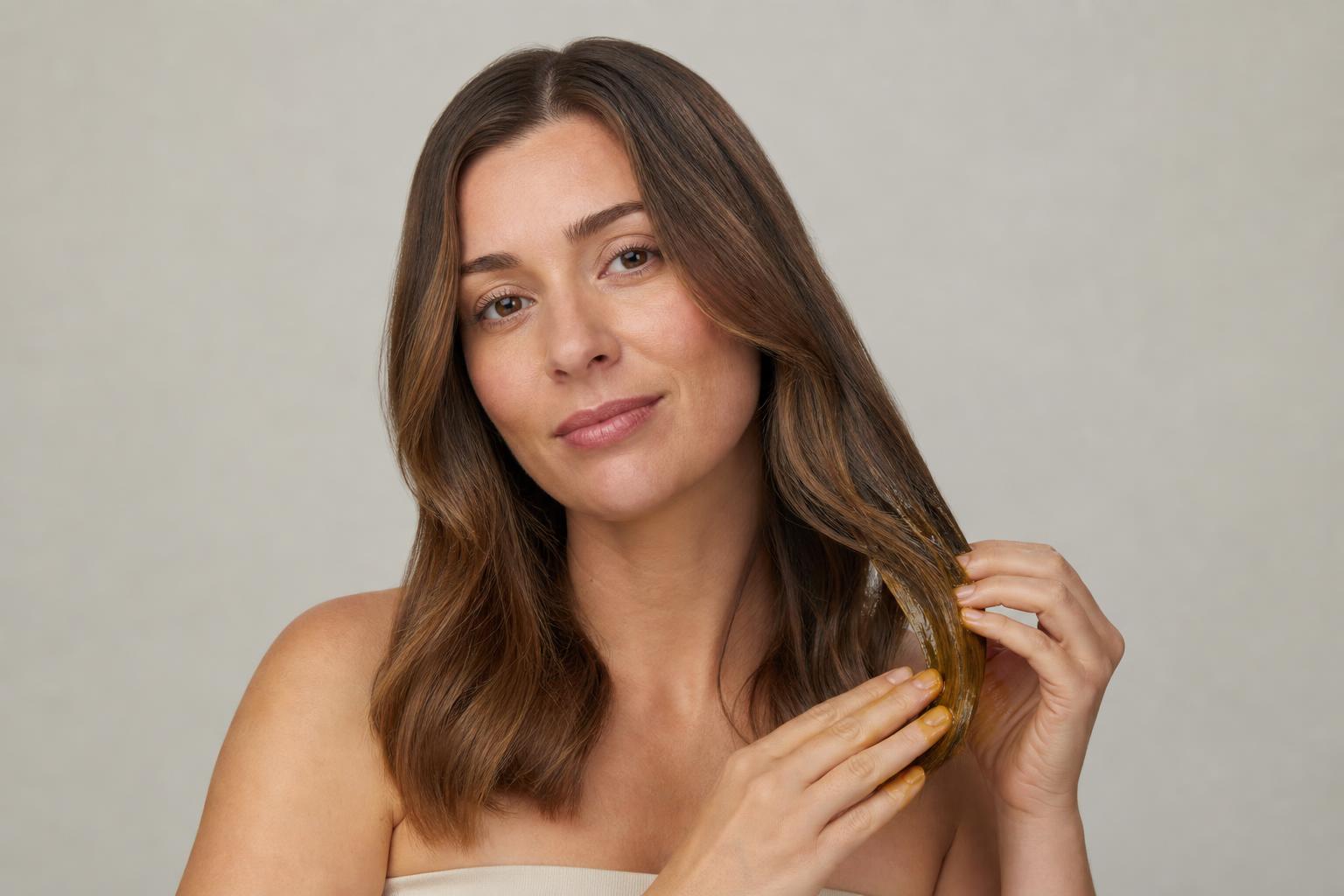 A Small Amount of Golden Oil Smoothed Through the Lower Half of Wavy Brown Hair