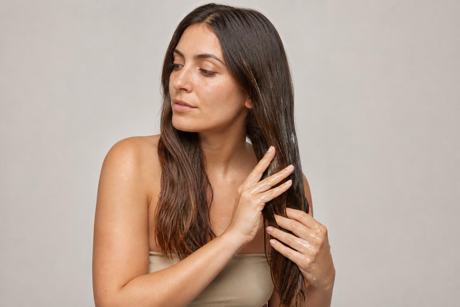 Oil Worked Through the Mid-Lengths and Ends of Long Dark Hair Before Wrapping