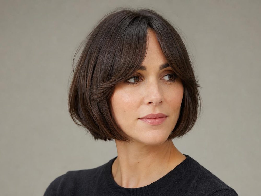 Chin-Length Rounded Bob with Soft Curtain Bangs on Medium Brunette Hair