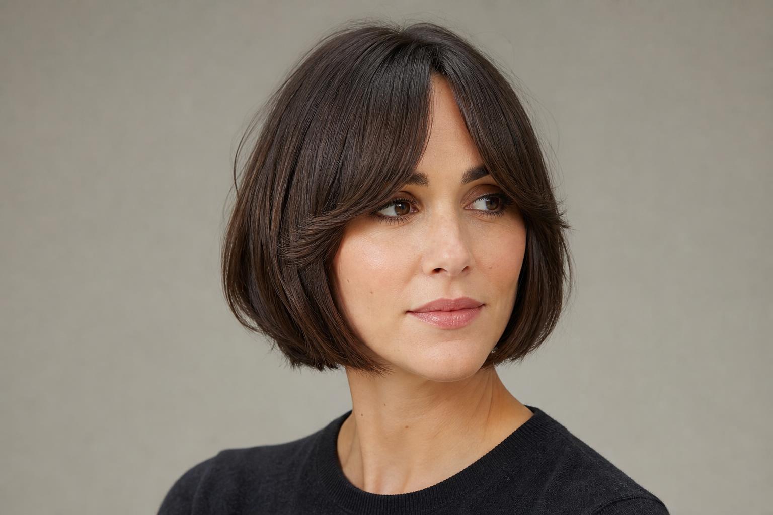 Chin-Length Rounded Bob with Soft Curtain Bangs on Medium Brunette Hair