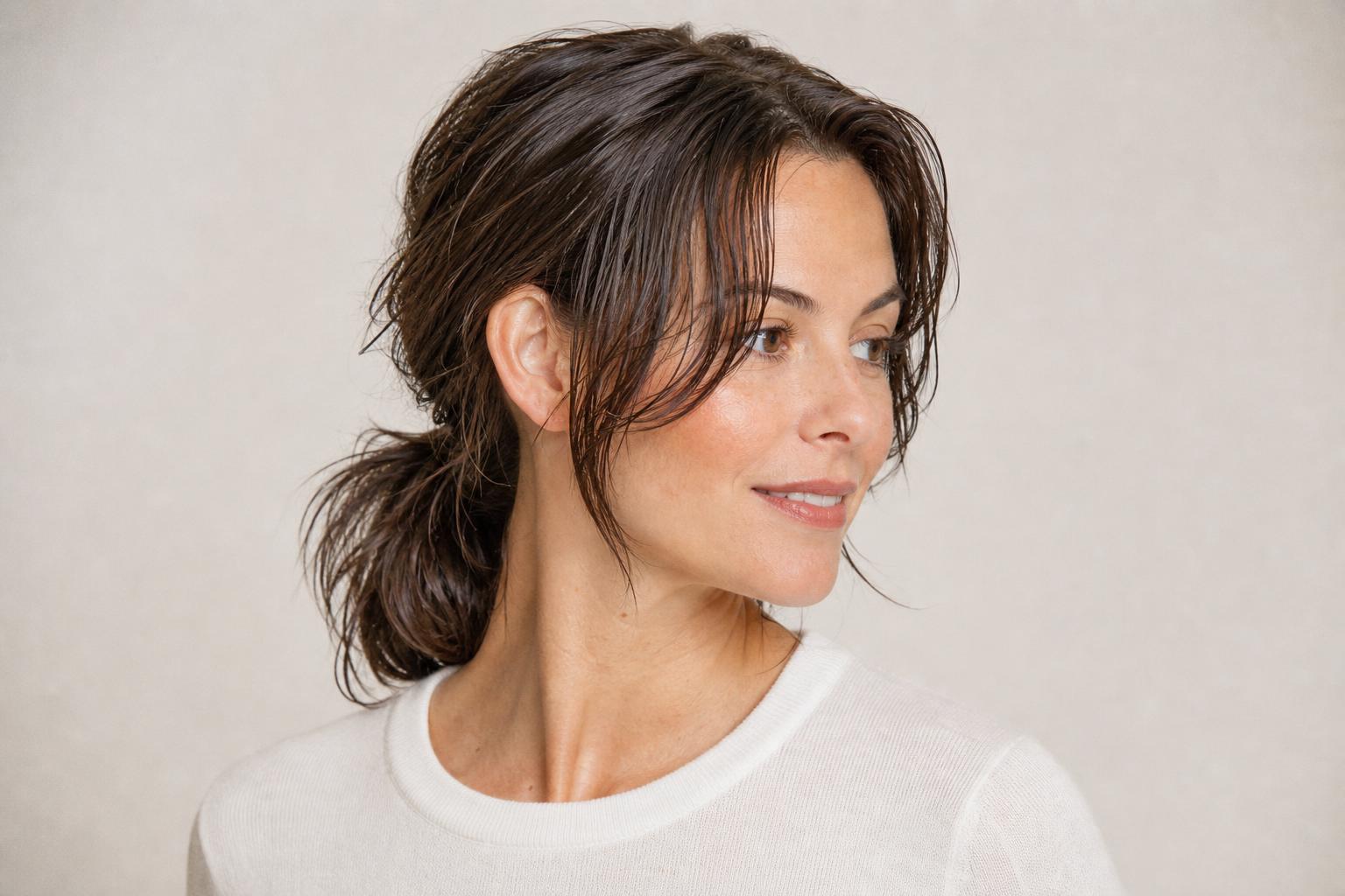 Shoulder-Length Layered Haircut Pulled into a Low Ponytail on Damp Brunette Hair