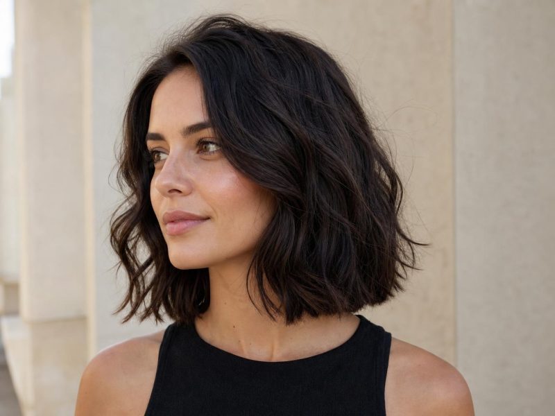 Blunt Collarbone-Length Cut Holding Its Shape in Warm Humid Air on Dark Wavy Hair