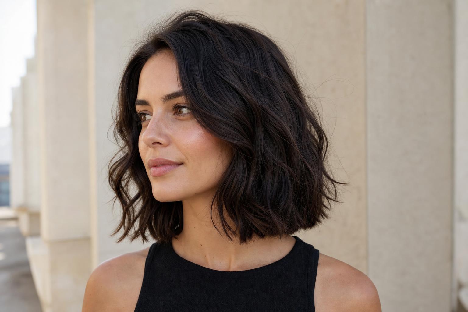 Blunt Collarbone-Length Cut Holding Its Shape in Warm Humid Air on Dark Wavy Hair