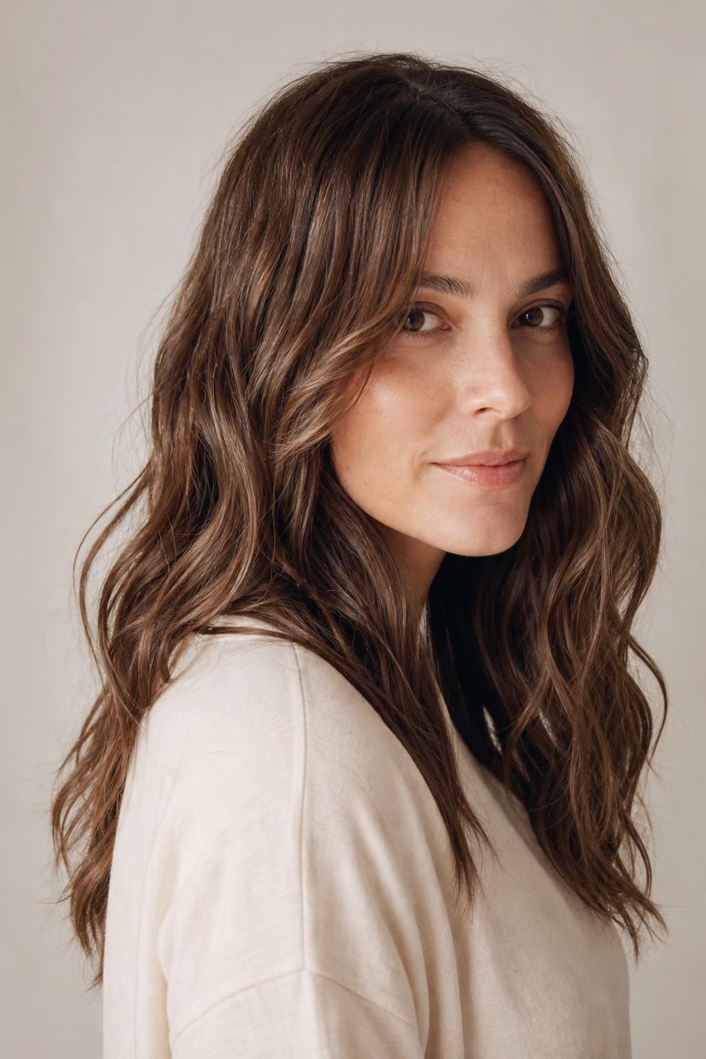 Air-Dried Natural Waves with Open Irregular Bends on Long Chestnut Hair