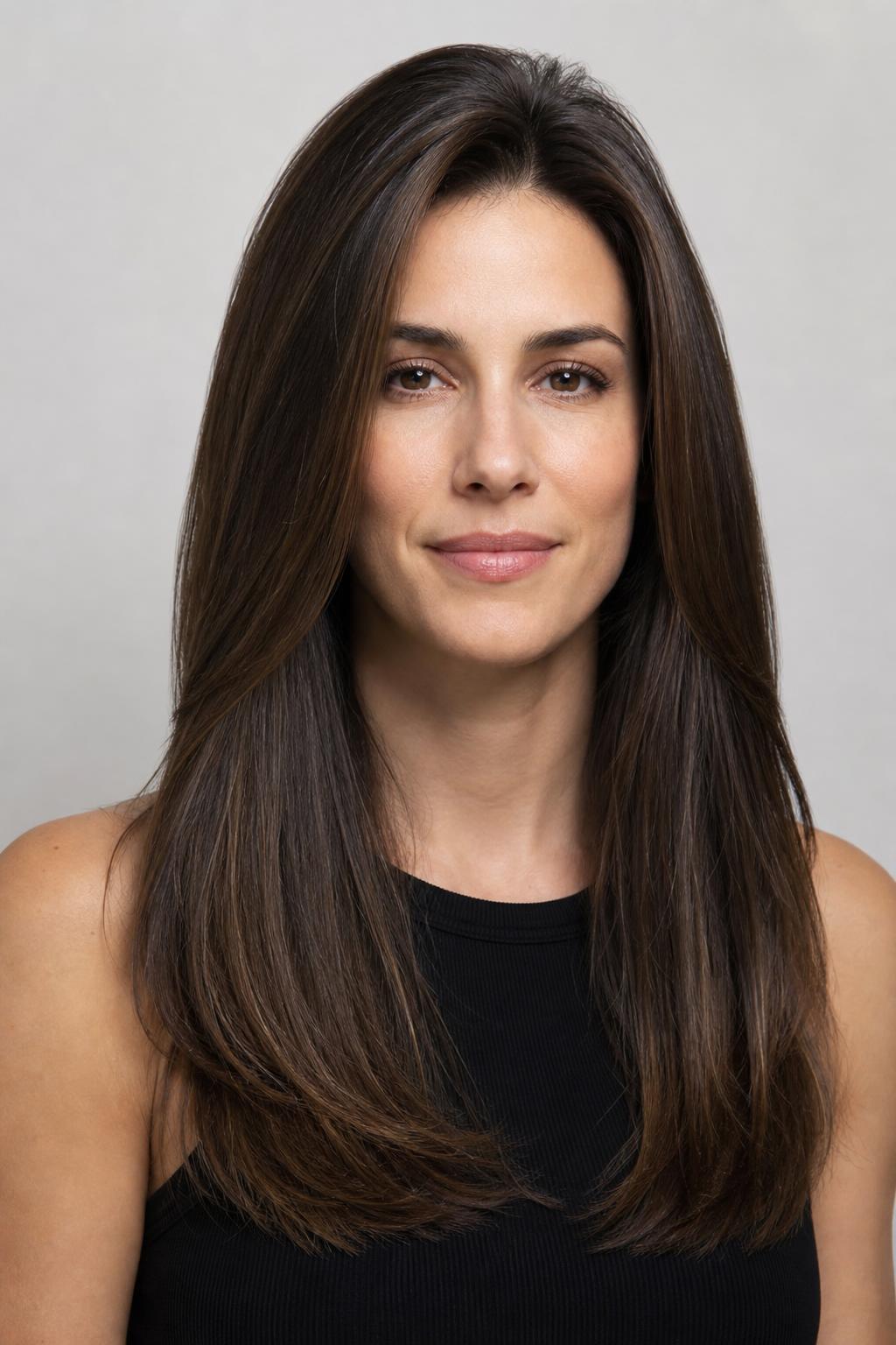 Smooth Blown-Out Long Hair with Visible Lift at the Roots