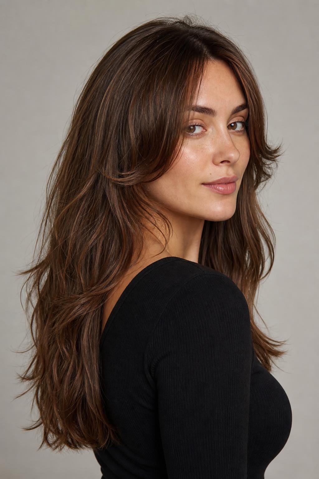Long Butterfly Cut with Short Chin-Level Face Layers Over Mid-Back Length