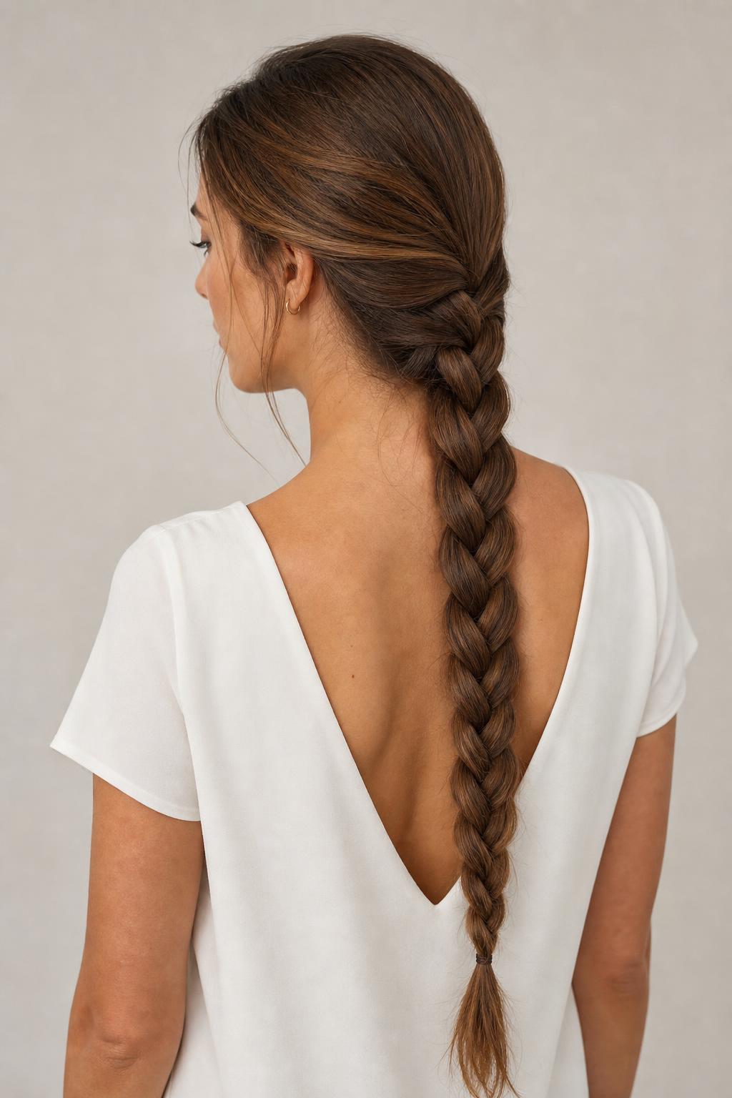 Classic Three-Strand Braid Starting at the Nape on Long Chestnut Hair
