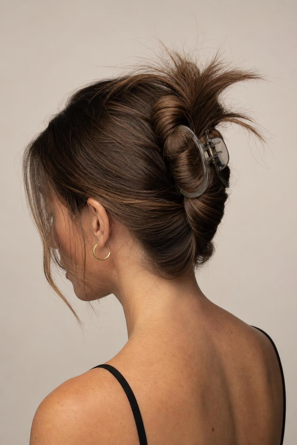 Long Hair Twisted and Secured with a Claw Clip and Ends Fanning at the Crown