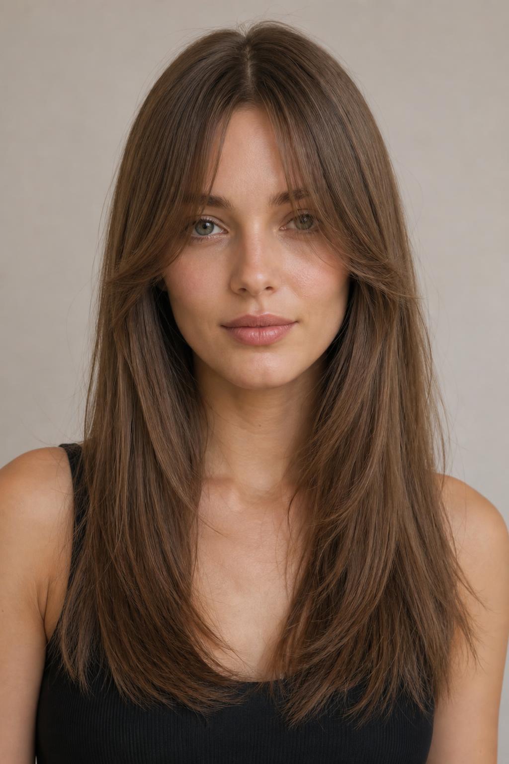 Long Hair with Cheekbone-Length Curtain Bangs Blended into Face-Framing Layers