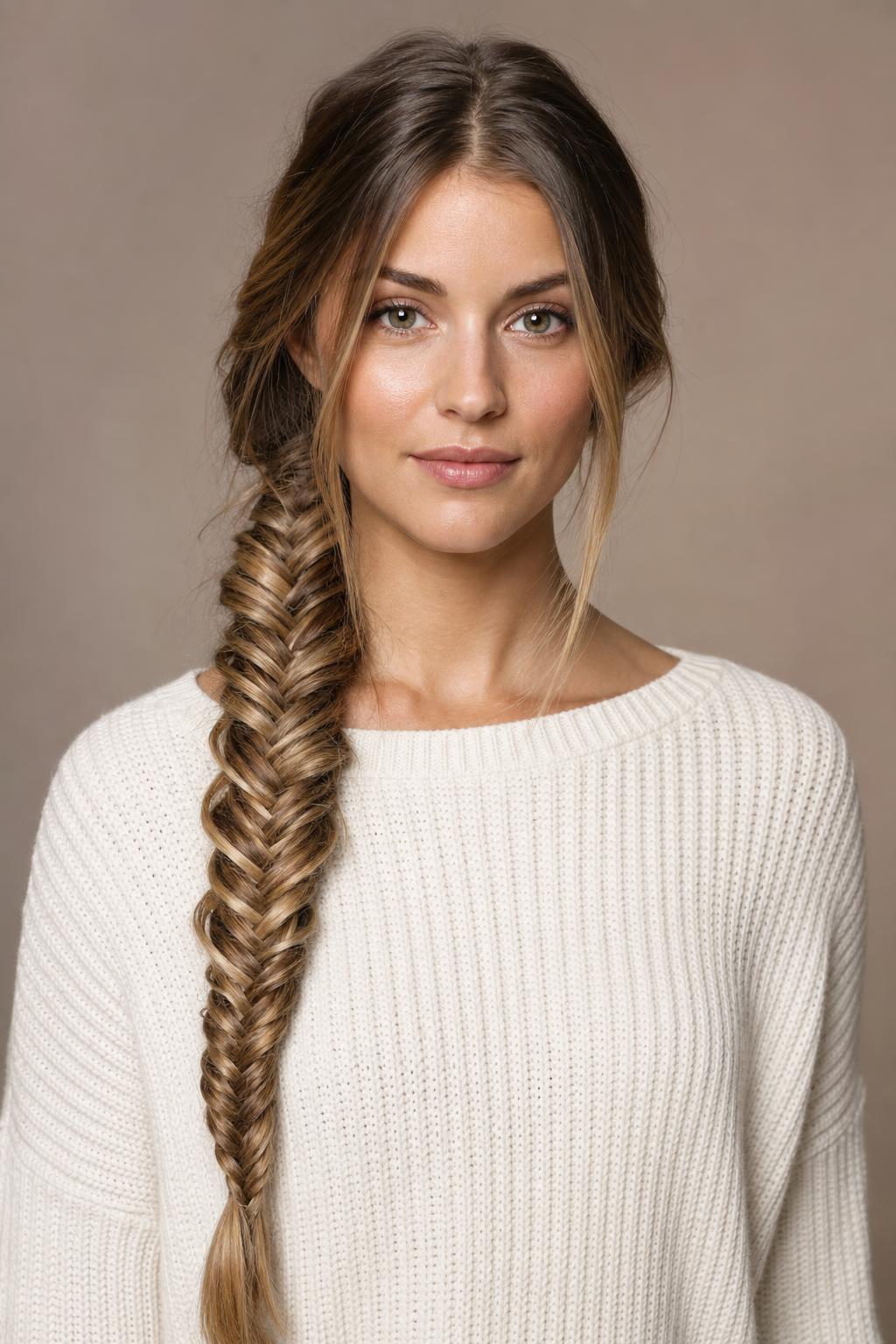 Woven Fishtail Braid with Fine Alternating Sections on Long Blonde Hair
