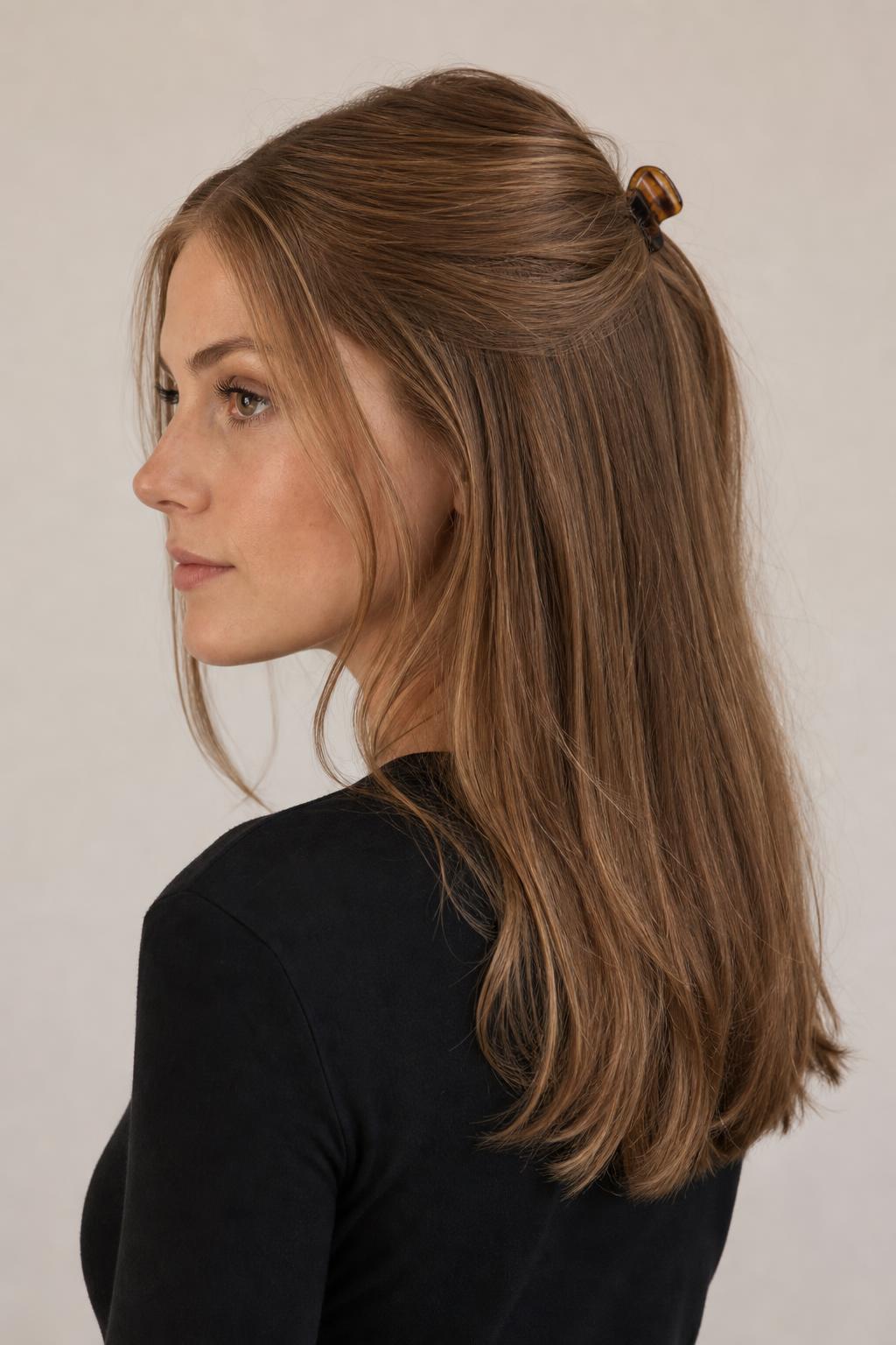 Half-Up Style Clipped Behind the Crown with Loose Length Falling Below