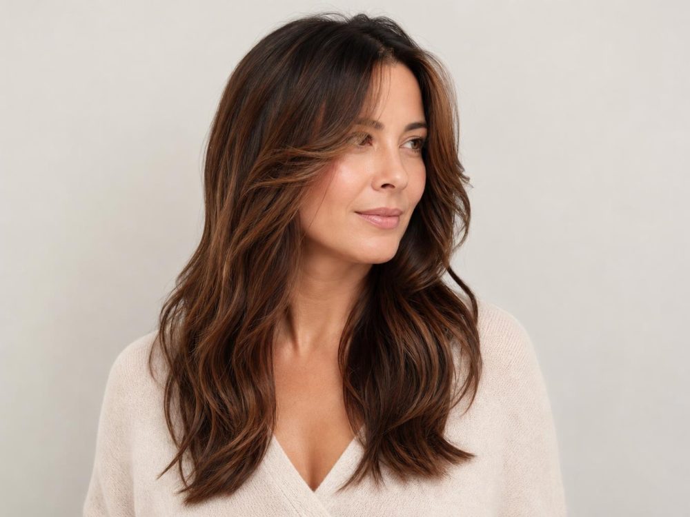 Long Layered Hair with Face-Framing Pieces and Loose Waves on Chestnut Brown Hair