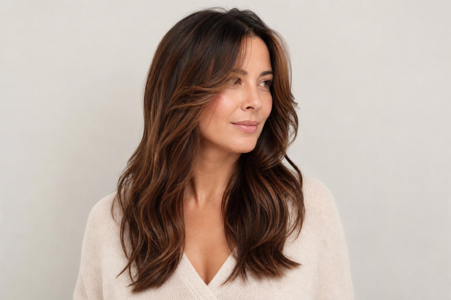 Long Layered Hair with Face-Framing Pieces and Loose Waves on Chestnut Brown Hair