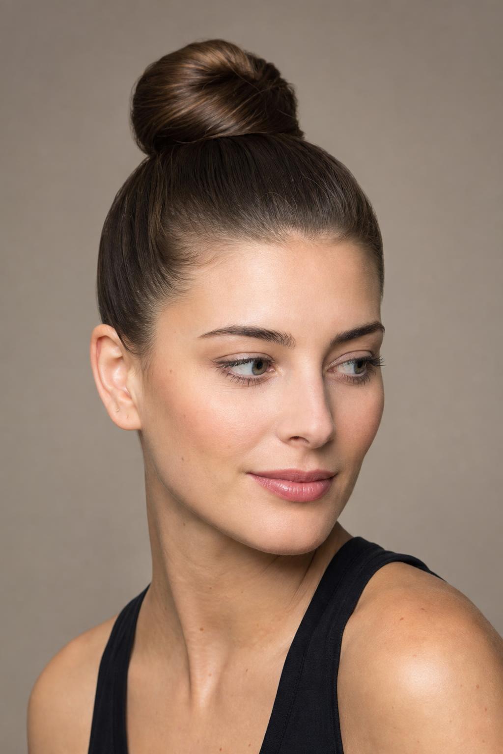 High Ballerina Bun Coiled at the Crown with a Smooth Pulled-Back Front