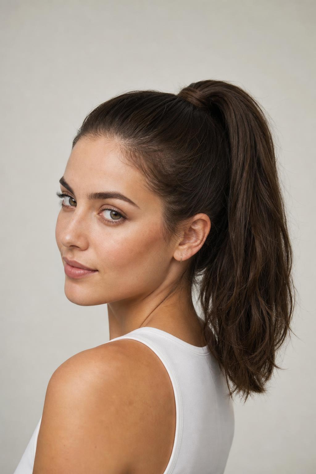 High Ponytail Positioned at the Crown with Hair Wrapped Around the Base