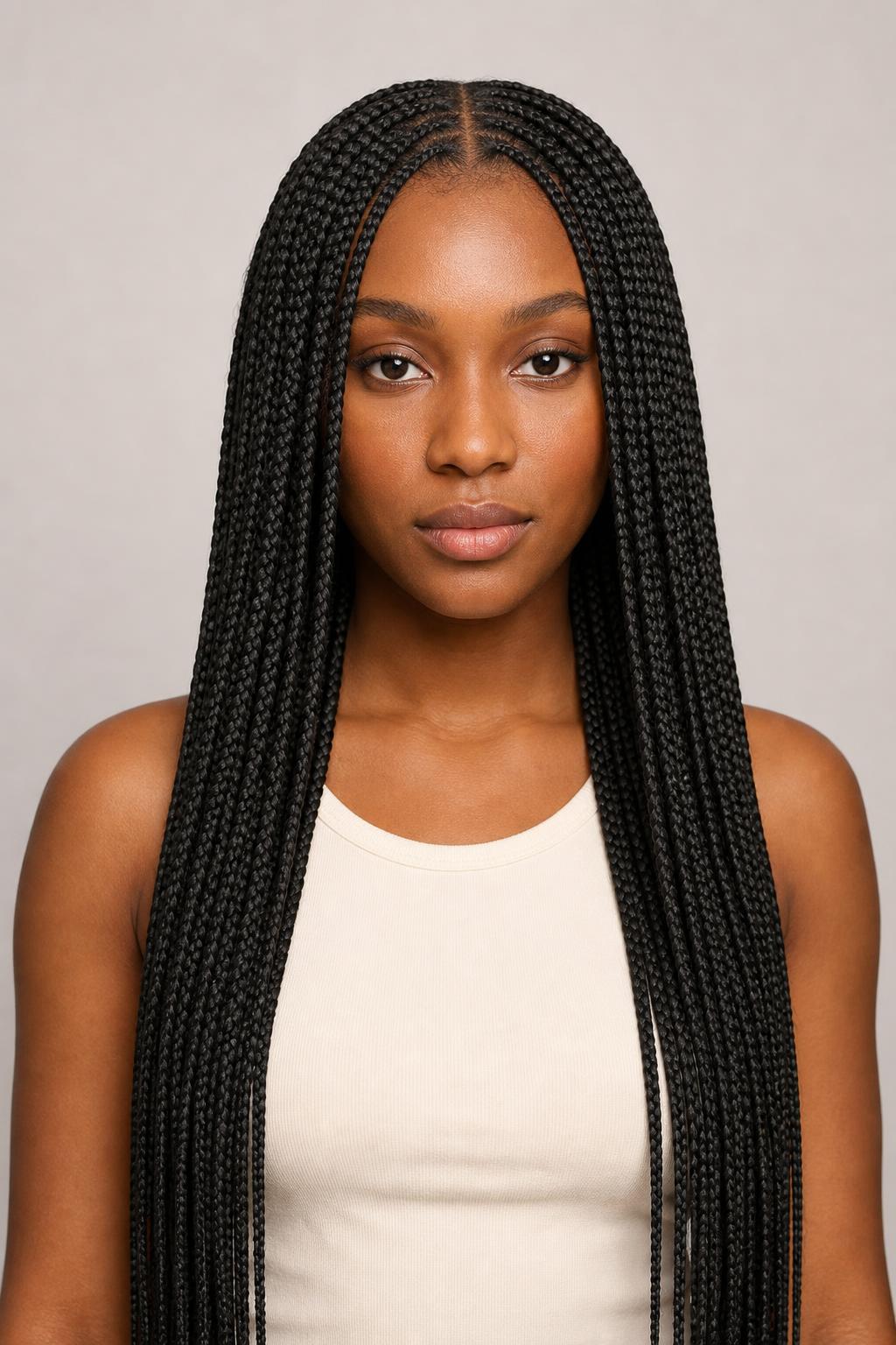 Long Knotless Box Braids Falling Past the Waist with Flat Root Sections