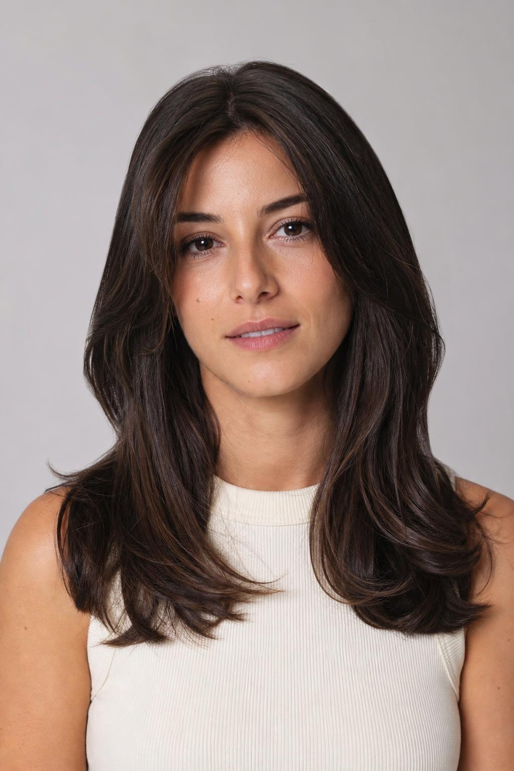 Long Layers Beginning at the Collarbone with a Full Perimeter on Thick Brown Hair