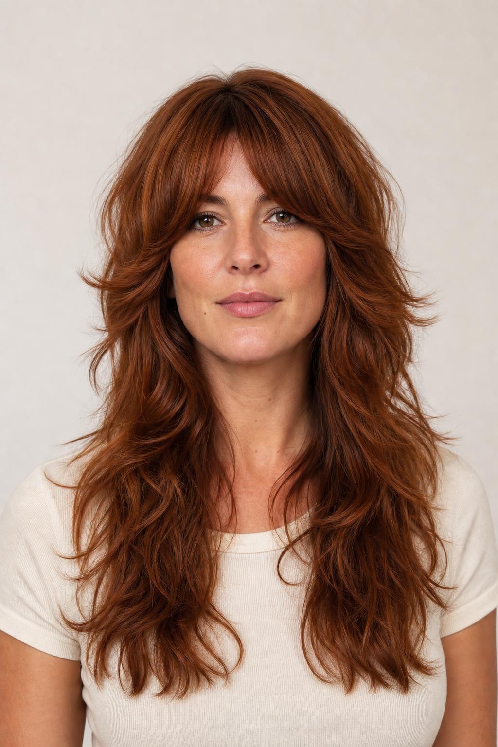 Long Shag with Visibly Stepped Layers and Crown Volume on Wavy Auburn Hair