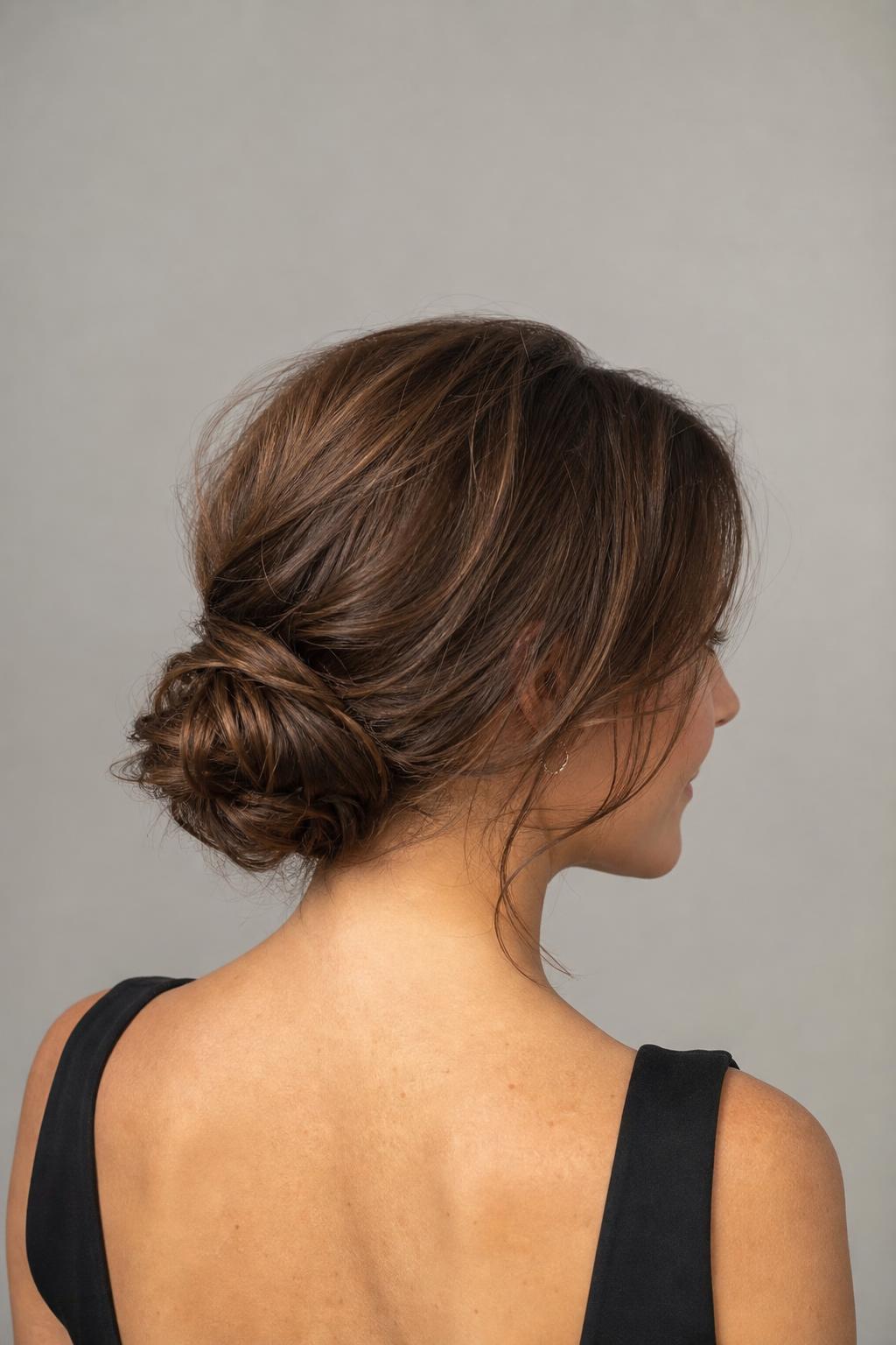 Loose Soft Chignon Folded and Pinned at the Nape on Long Wavy Hair