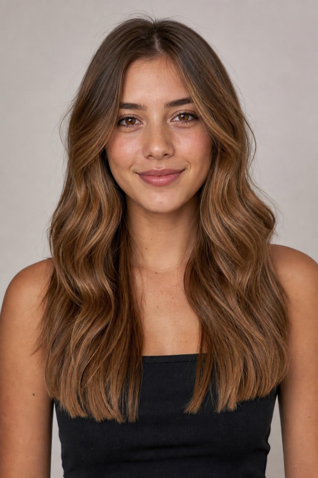 Loose Alternating Waves with Straight Ends on Long Golden Brown Hair