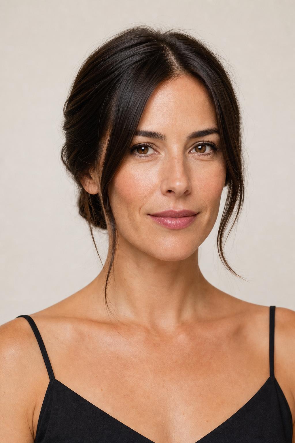 Low Bun at the Nape with Two Loose Face-Framing Pieces at the Jaw