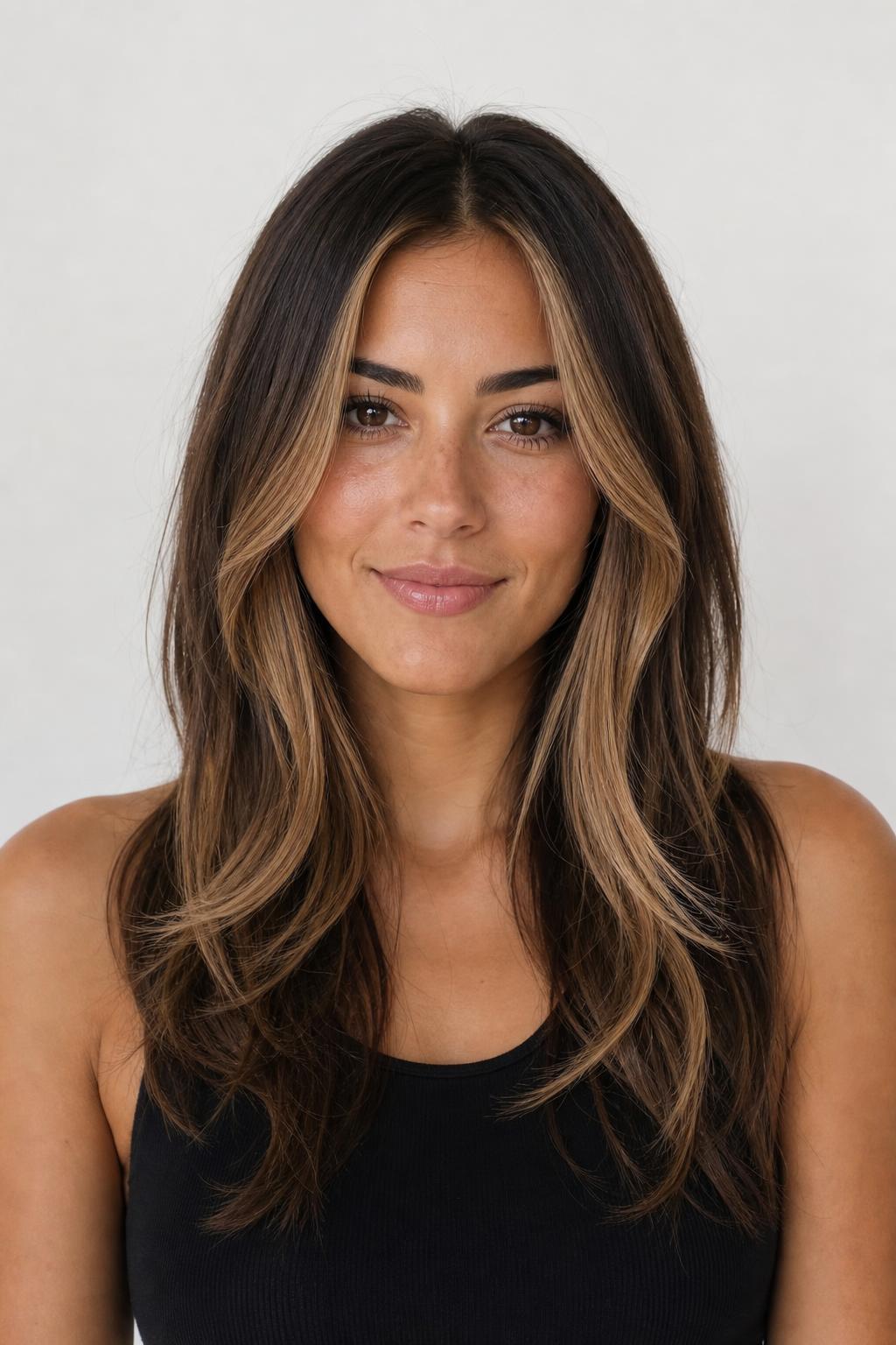 Long Dark Hair with Two Lightened Money Piece Sections Framing the Face