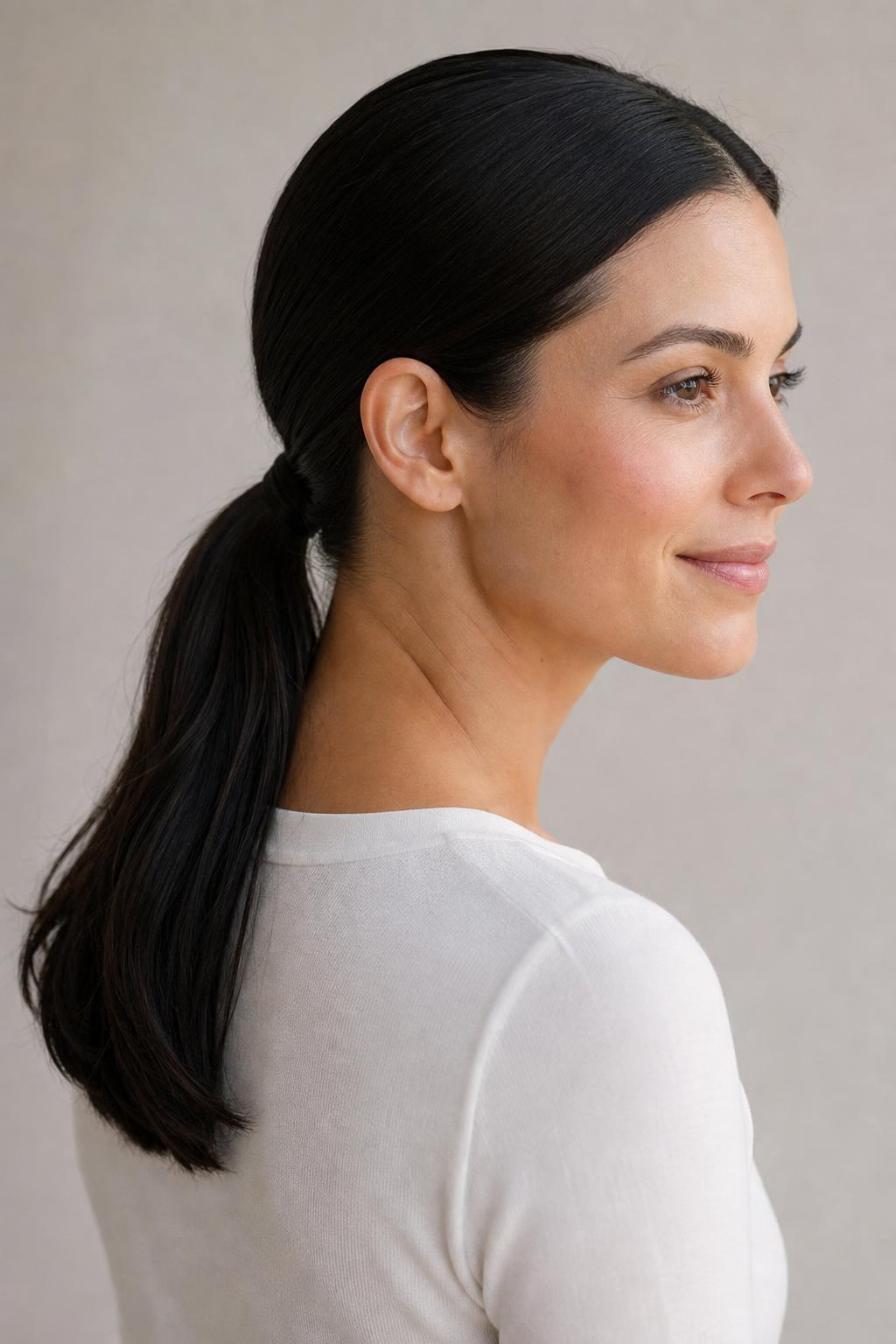 Sleek Low Ponytail Secured at the Nape with a Smooth Center Part