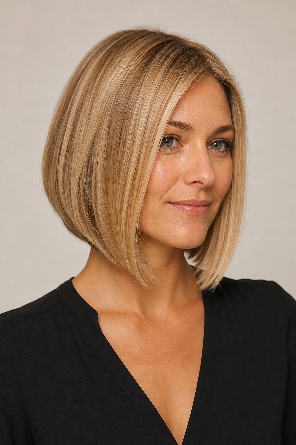 A-Line Bob with a Short Nape and Collarbone-Length Front Sections on Straight Blonde Hair