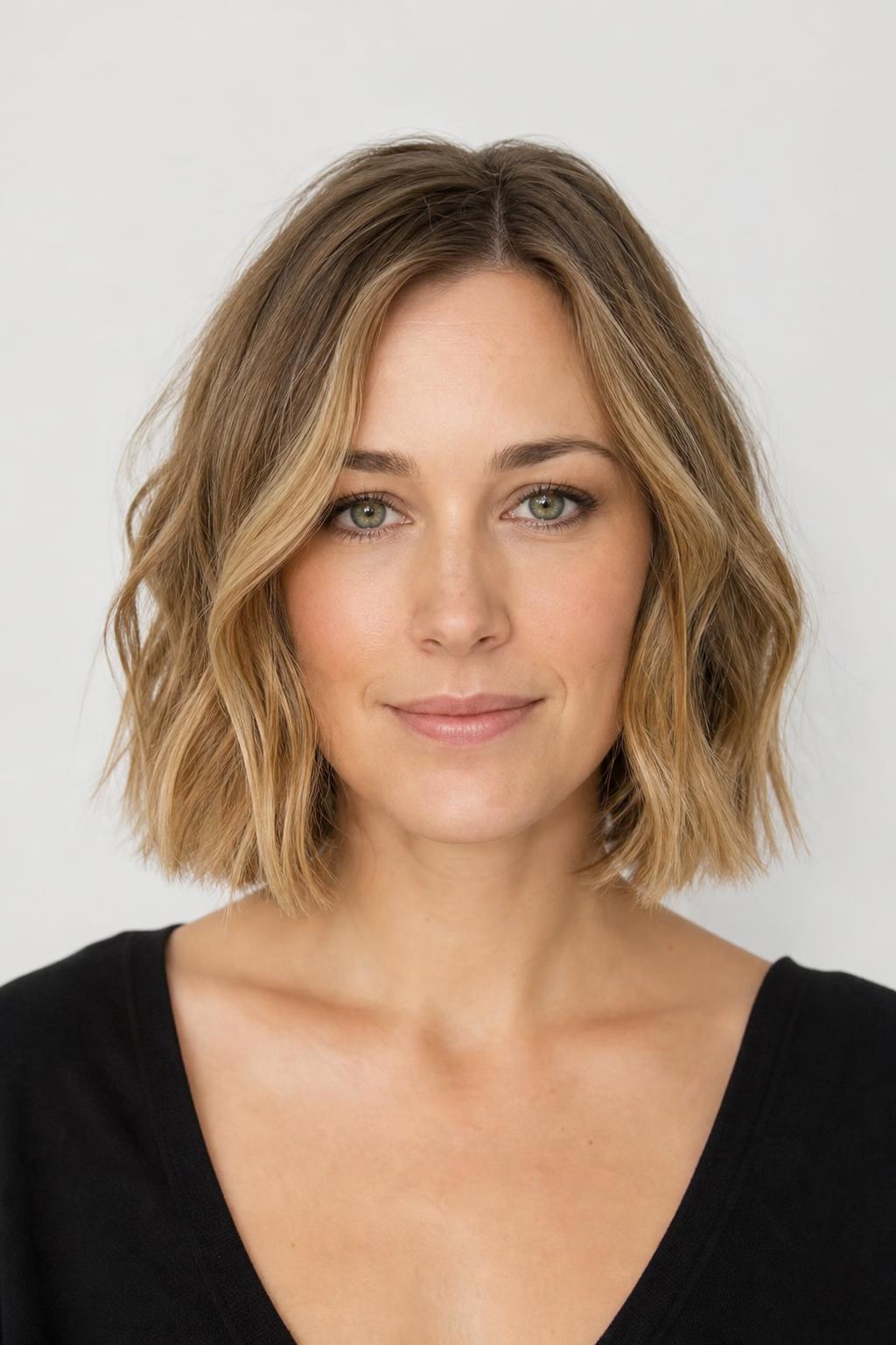 Loose Beachy Waves with Straight Ends on Thick Chin-Length Golden Brown Hair