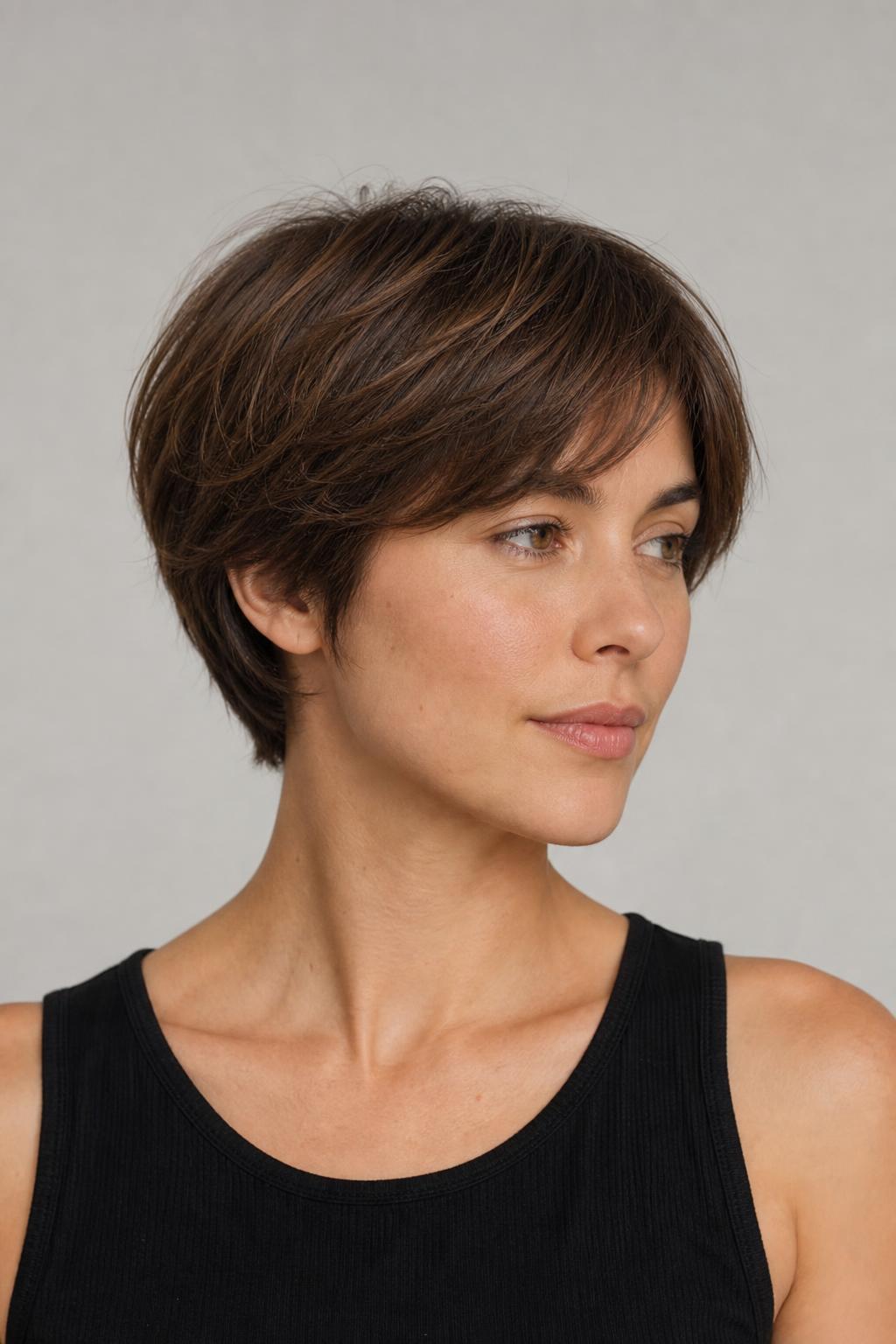 Bixie Cut with a Soft Rounded Perimeter Covering the Nape on Straight Brown Hair