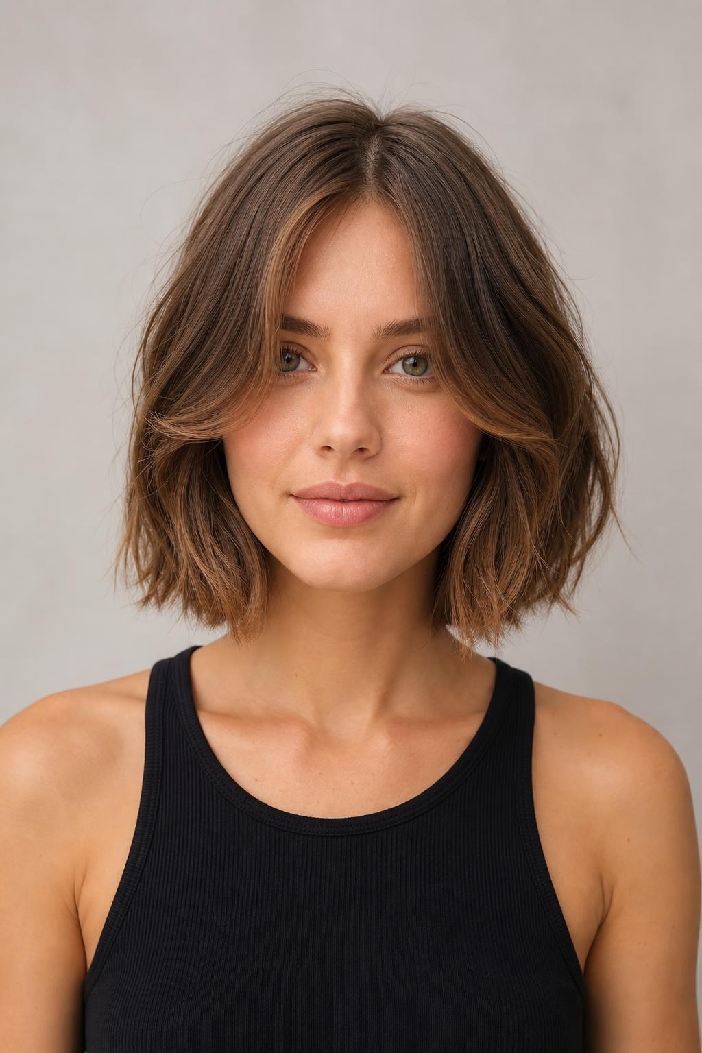Chin-Length Bob with Cheekbone-Grazing Curtain Bangs on Light Brown Wavy Hair