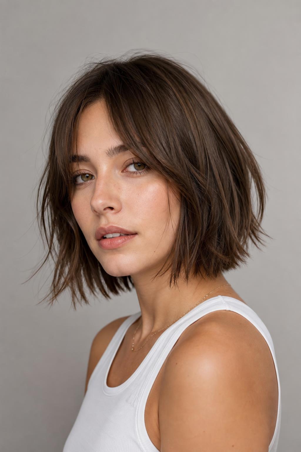 Choppy Bob with Razored Separating Ends on Medium Density Ash Brown Hair