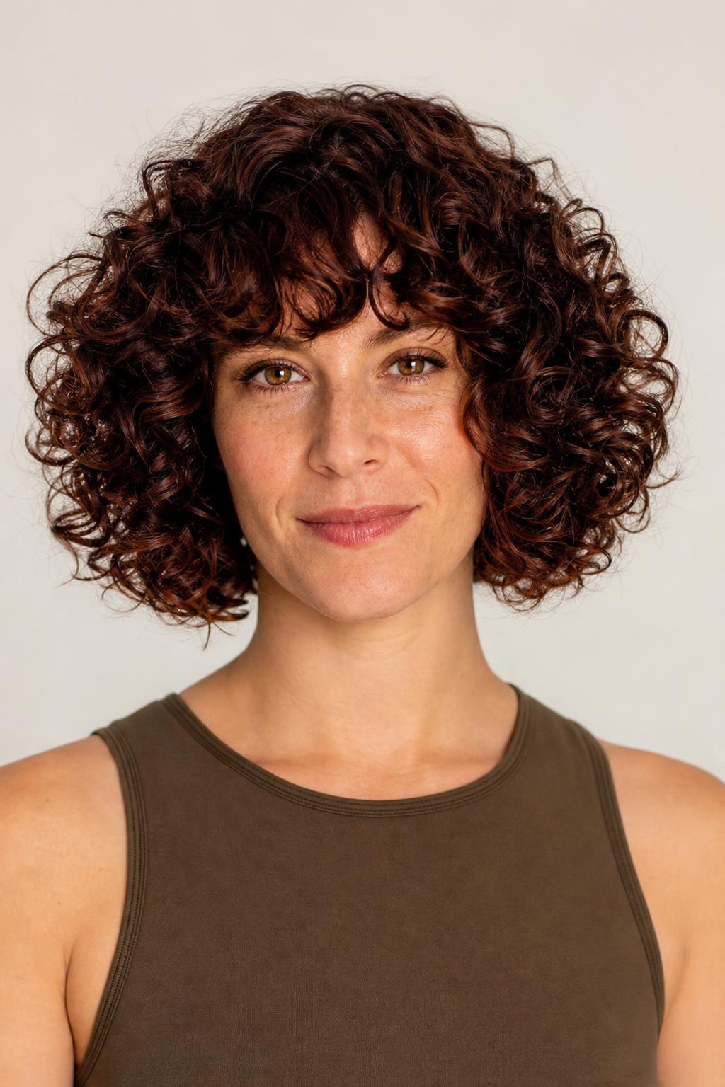 Jaw-Length Curly Bob with Defined 3B Curls on Dark Auburn Hair
