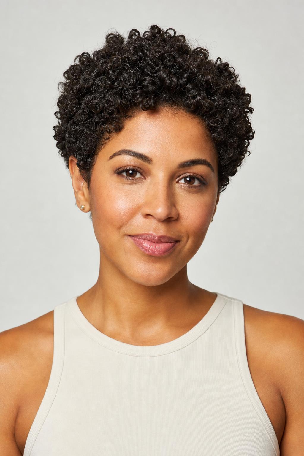 Curly Pixie with Individually Shaped Coils and Rounded Volume at the Crown