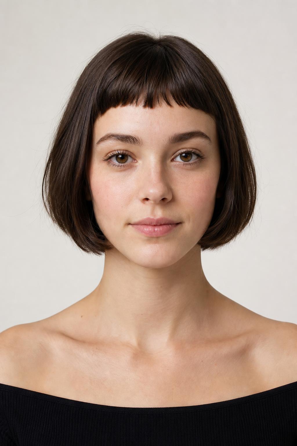 French Bob with Micro Bangs and a Blunt Jaw-Grazing Perimeter on Dark Hair