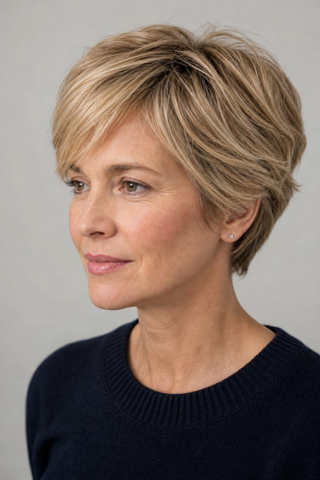Grown-Out Pixie at Ear Length with Longer Top Sections on Medium Blonde Hair