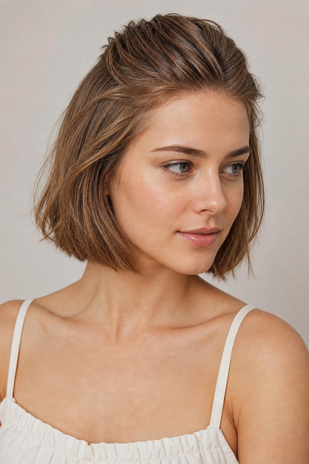 Half-Up Twisted Crown Section Pinned Back on a Chin-Length Bob