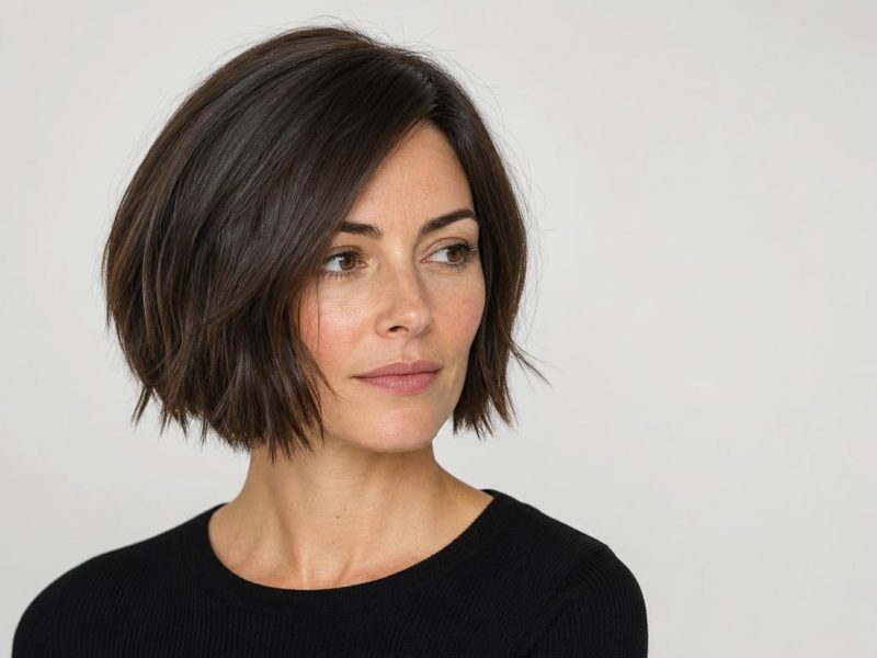 Chin-Length Textured Bob with Soft Side Part on Medium Brunette Hair