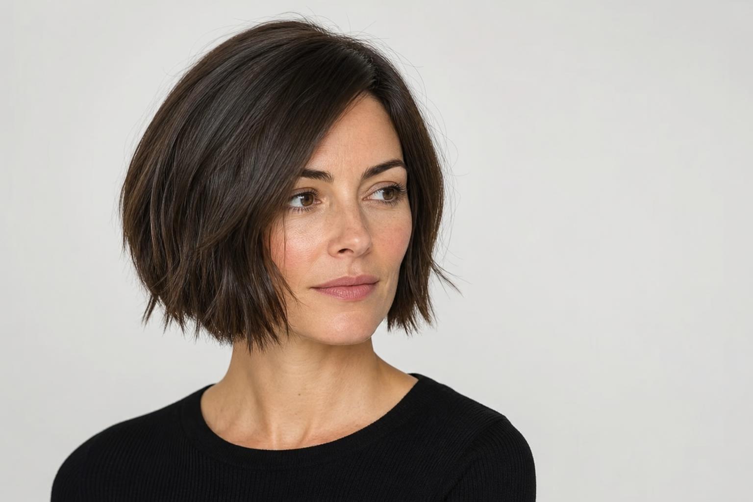 Chin-Length Textured Bob with Soft Side Part on Medium Brunette Hair