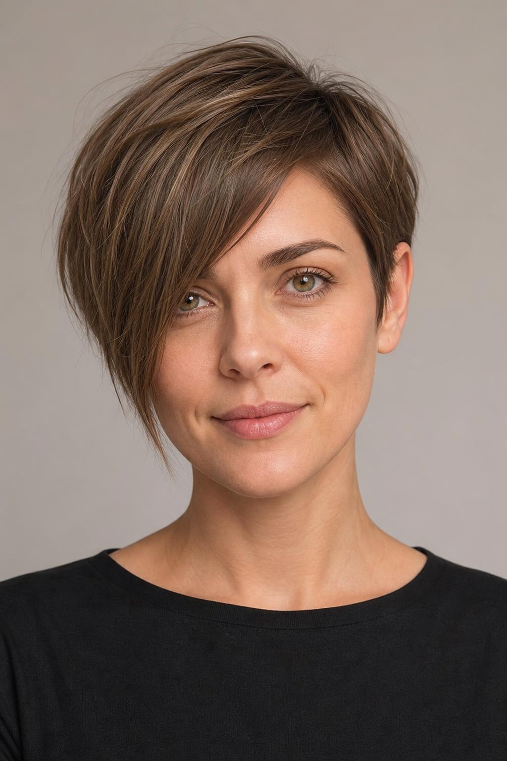 Long Pixie with a Side-Swept Fringe Reaching the Cheekbone on Fine Light Brown Hair