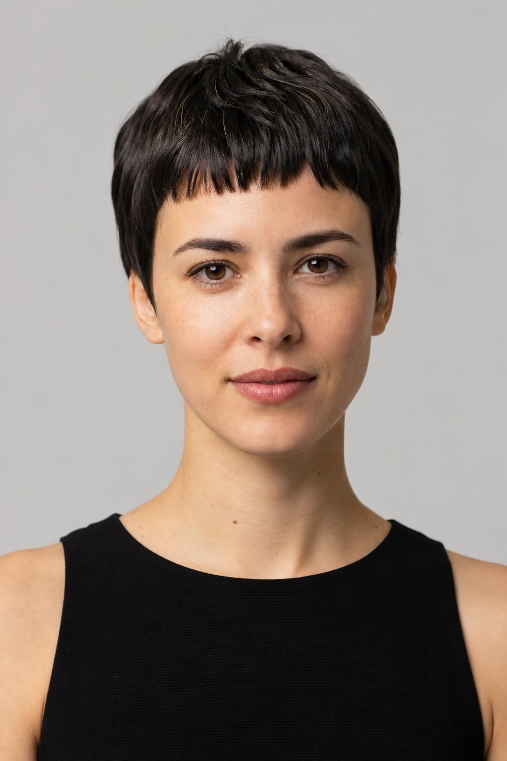 Cropped Pixie with Baby Bangs Cut High Above the Brow on Dark Straight Hair