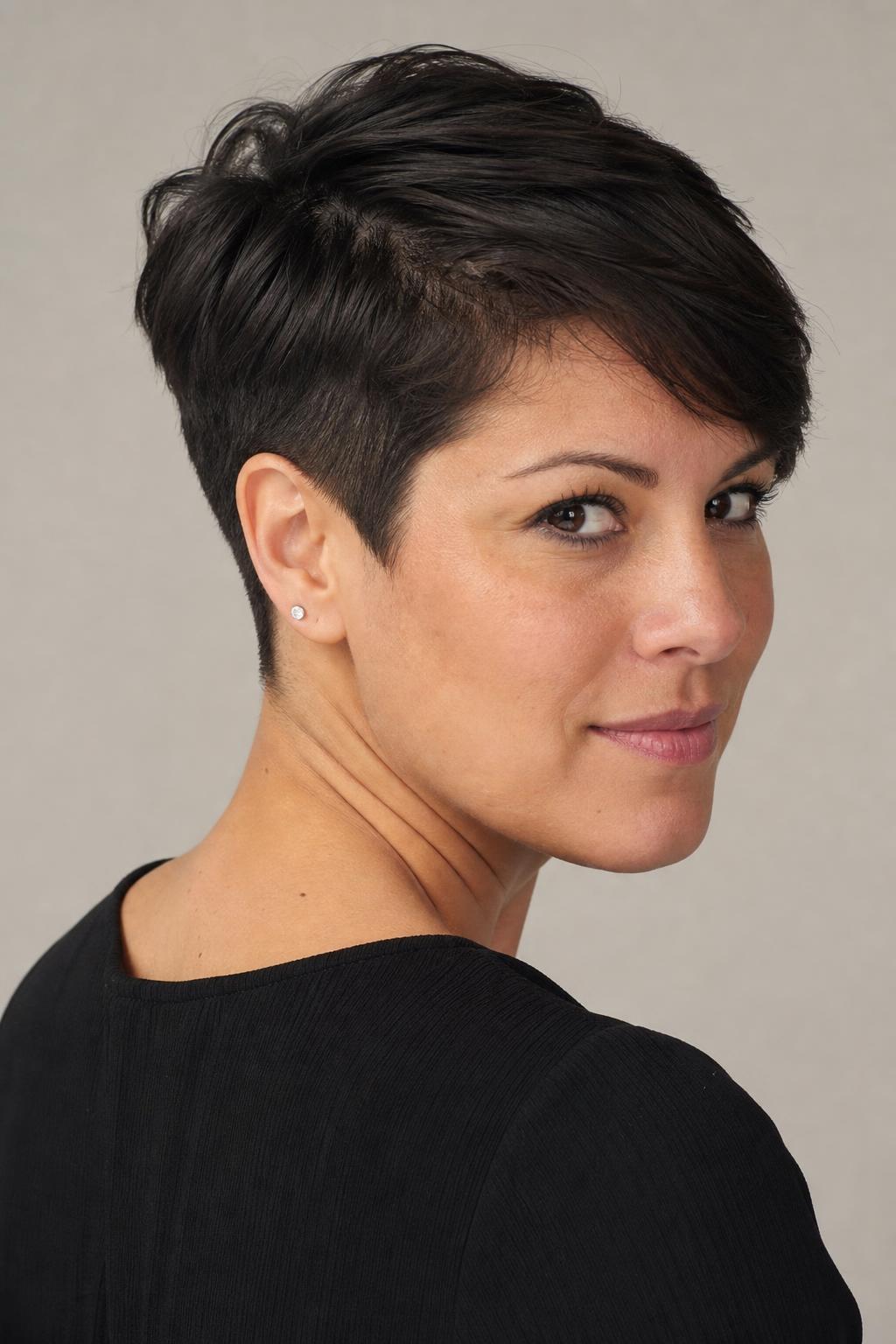 Pixie Cut with a Clippered Undercut at the Nape on Thick Dark Hair