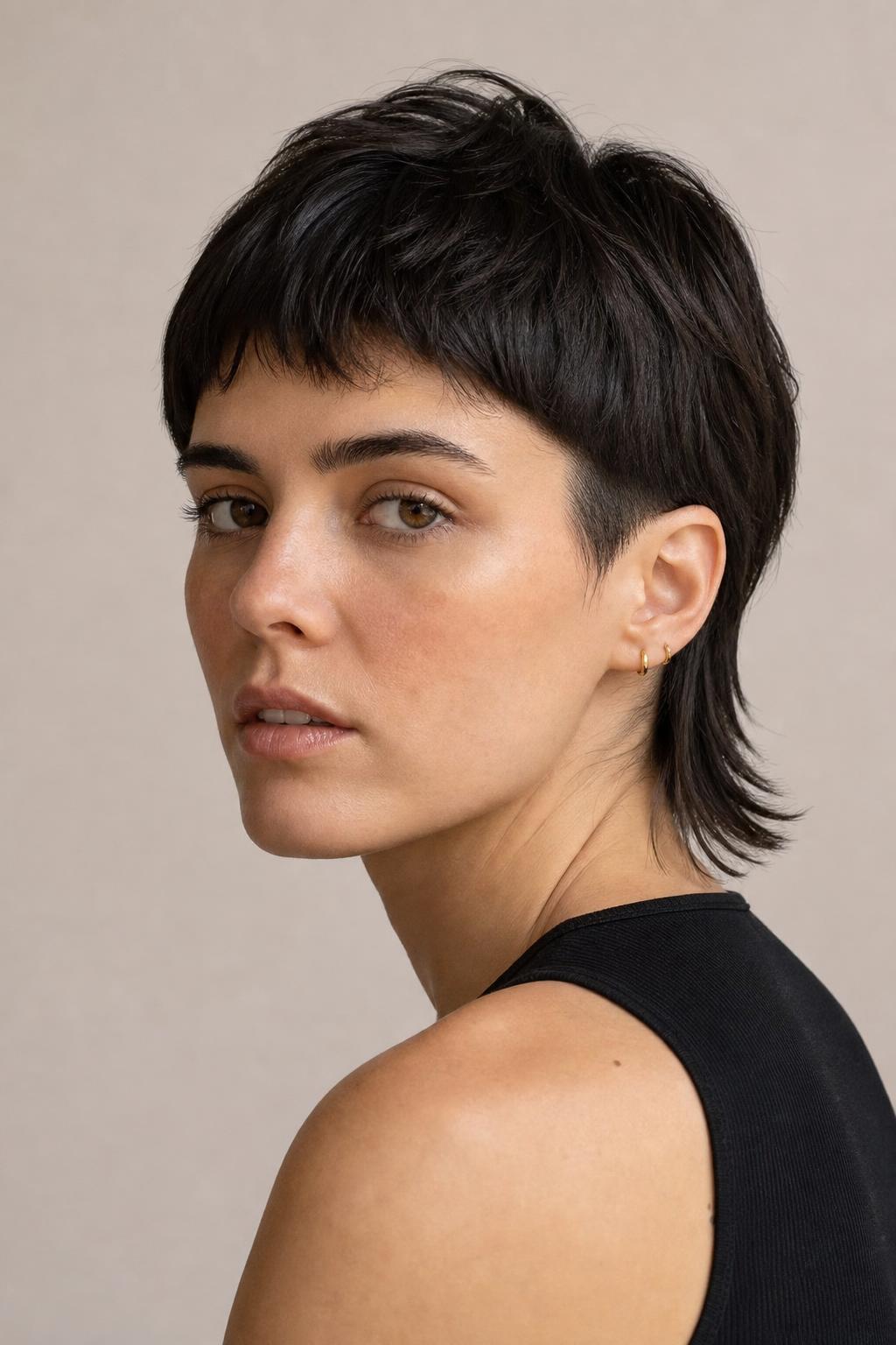 Short Mullet with Cropped Sides and a Softly Blended Longer Nape on Dark Hair