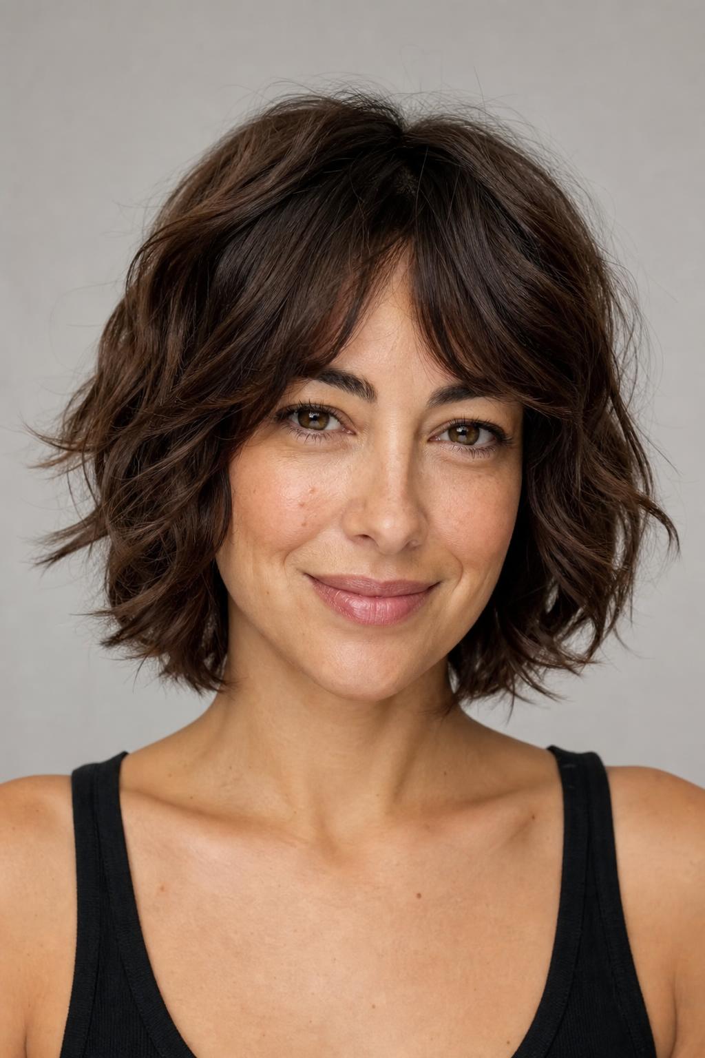 Short Shag with Visibly Stepped Choppy Layers and Crown Volume on Wavy Brown Hair